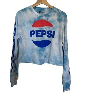 Pepsi Womens Y2K Blue Tie Dye Long Sleeve Crop Top T-Shirt M